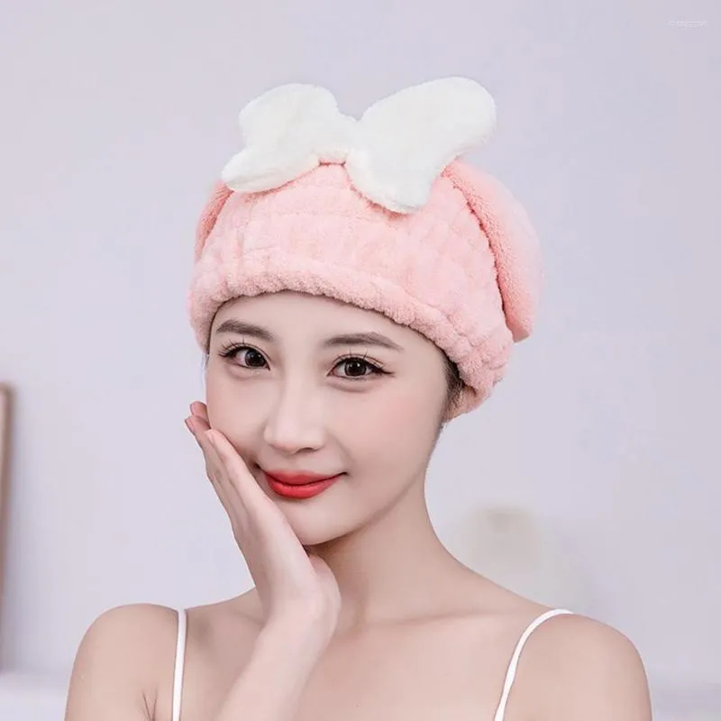 Serviette Super Absorbante Cheveux Doux Séchage Rapide Pour Les Femmes Mignon Bowknot Corail Polaire Séchage Chapeau Bouclé Long