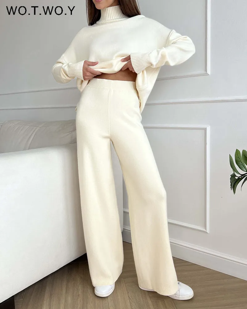 Women's Tracksuits WOTWOY Knitted 2 Piece Turtleneck Sweater Wide Leg Pants Set Women Autumn Winter Long Sleeve White Pullovers Female Trousers Trf 230918