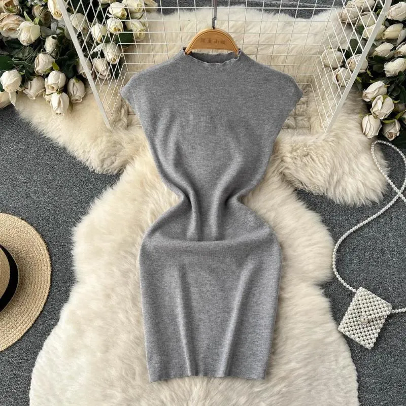 Casual Dresses Clothes For Women Short 2023 Mock Neck Sleeveless Stretch Knitted Dress Party Night Club Sexy Bodycon