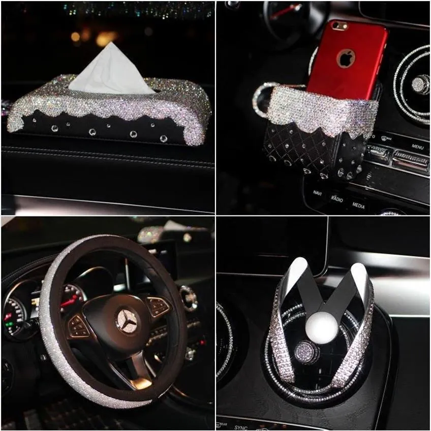 Housses de siège de voiture Bling strass décoration intérieure boîte à mouchoirs en cristal évent parfum clip support de téléphone pendentif accessoires341z