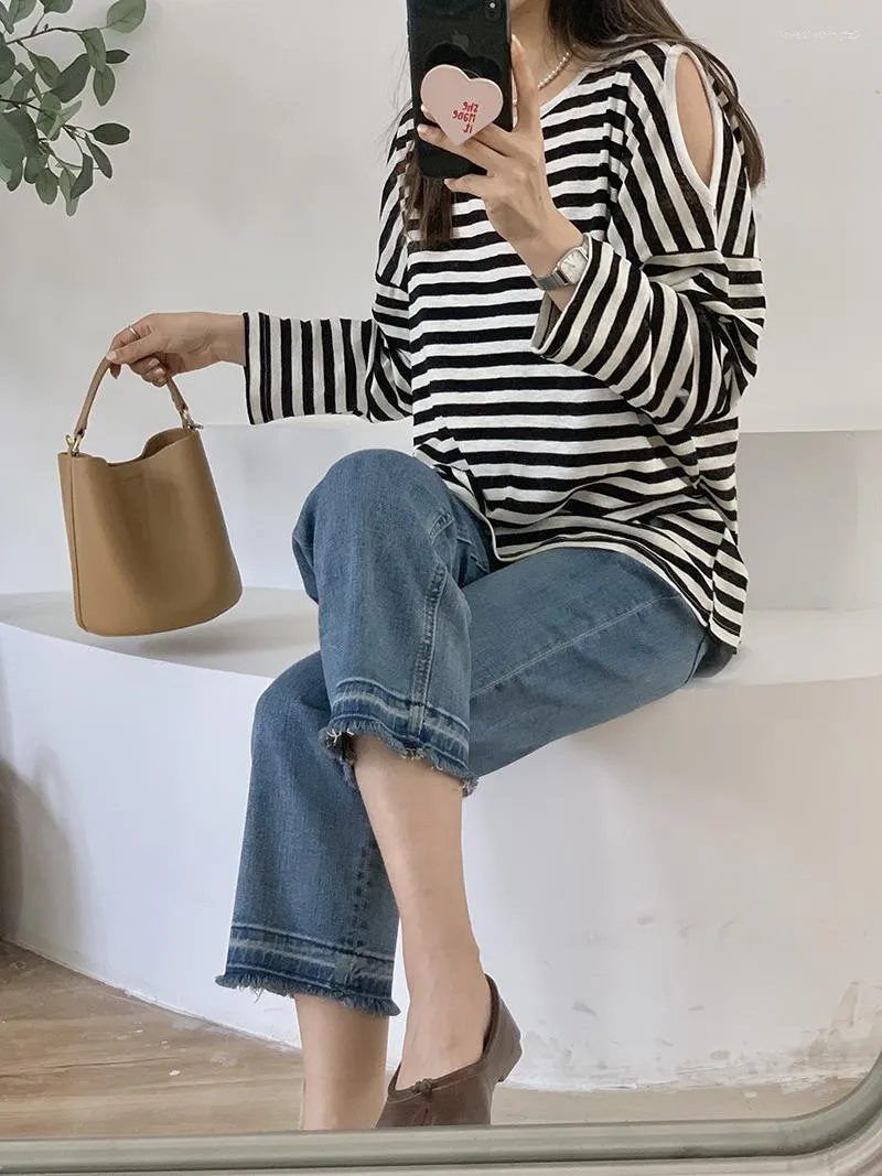 Women's T Shirts Summer Long Sleeve Off The Shoulder Shirt Women 2023 Female Thin Stripe Cut Out Oversized Tee Top Large Size