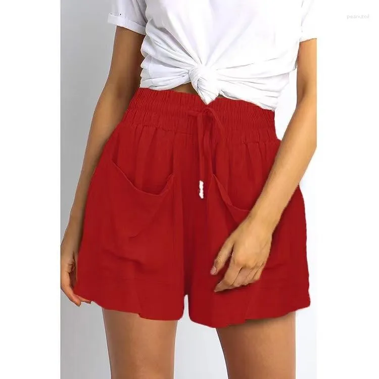 Kvinnors shorts sommar 2023 Fashion Löst fast färg Bomullsblandning Pocket Elastisk midjeband Tie Casual Elegant Sexy