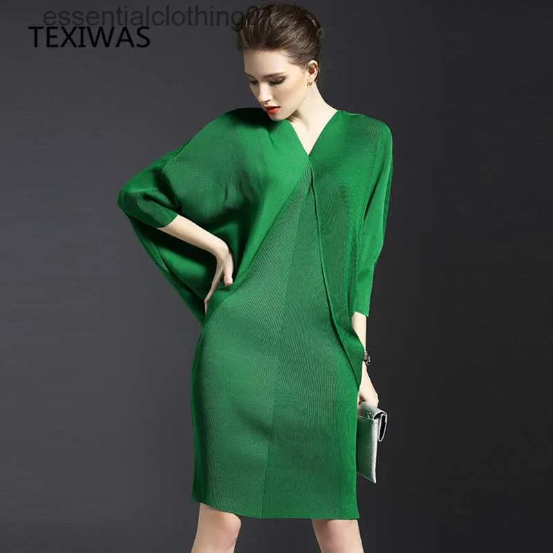 Базовые повседневные платья TEXIWAS 2021, весна и осень, новый темперамент, V-образный вырез, летучая мышь, длинный рукав, женская сумка, ягодицы, однотонное складное платье L230918