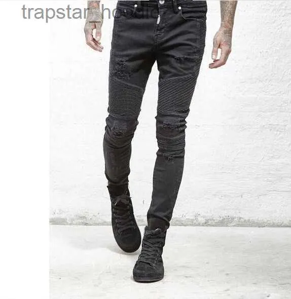 Jeans da uomo Jeans slim a pieghe tagliuzzati Jeans dritti da bici Jeans aderenti rigidi Casual Jeans strappati da uomo Taglia Nero Blu L230918