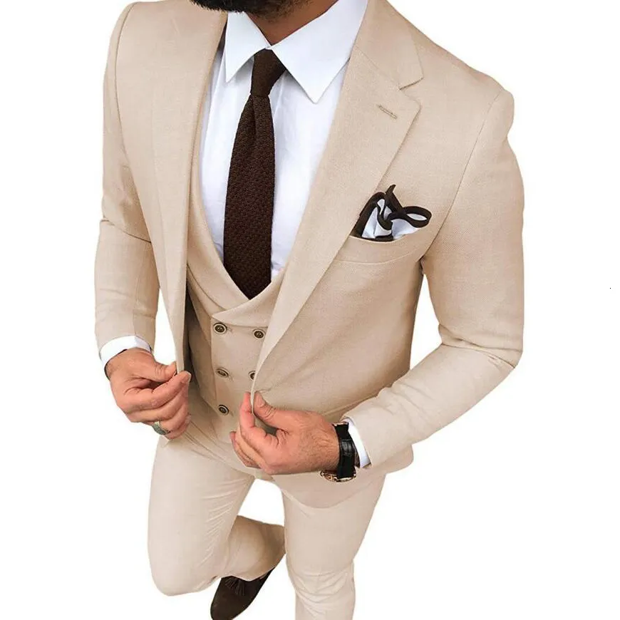 Erkek Suit Blazers Bej Düğün Smokin İnce Uygun Erkekler İçin Bir Düğme Özel Damat Takım Üç Parça Prom Resmi Erkek Suitsjacketpantsvest 230915