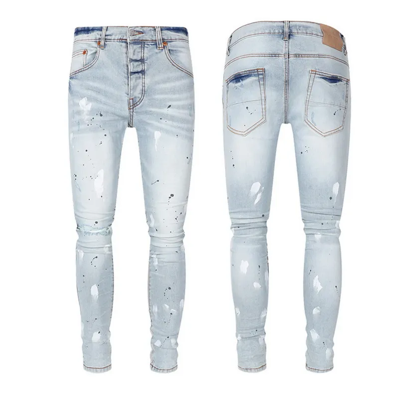 Ljusblå pb lila mager jeans rippade motocykel jeans män stor storlek 38 blekning tvättad