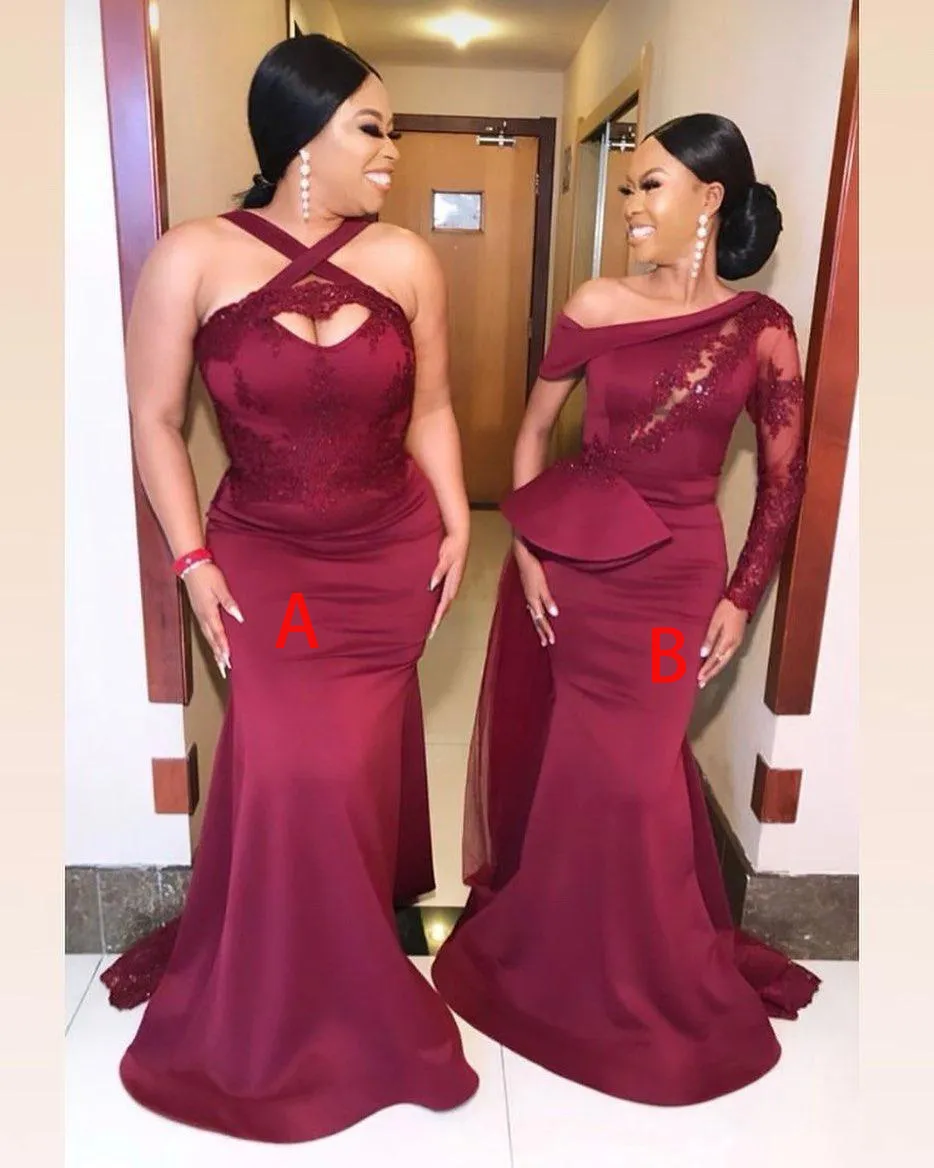 2023 Dark Red Mermaid Bridesmaid Dresses Two Different Style South African Wedding Guest Evening Party Gowns Maid of Honor Dress Plus Size