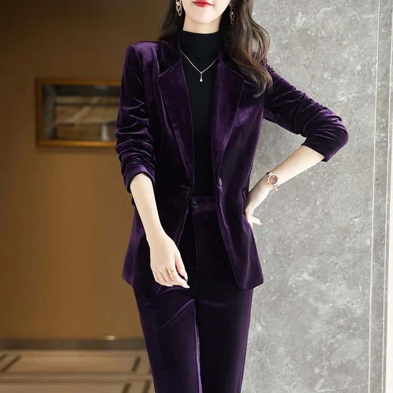 Women's Two Piece Pants IZICFLY High Quality Velvet Woman Suits With Pant Set Ladies Business Blazer And Trouser OL Styles Work Wear