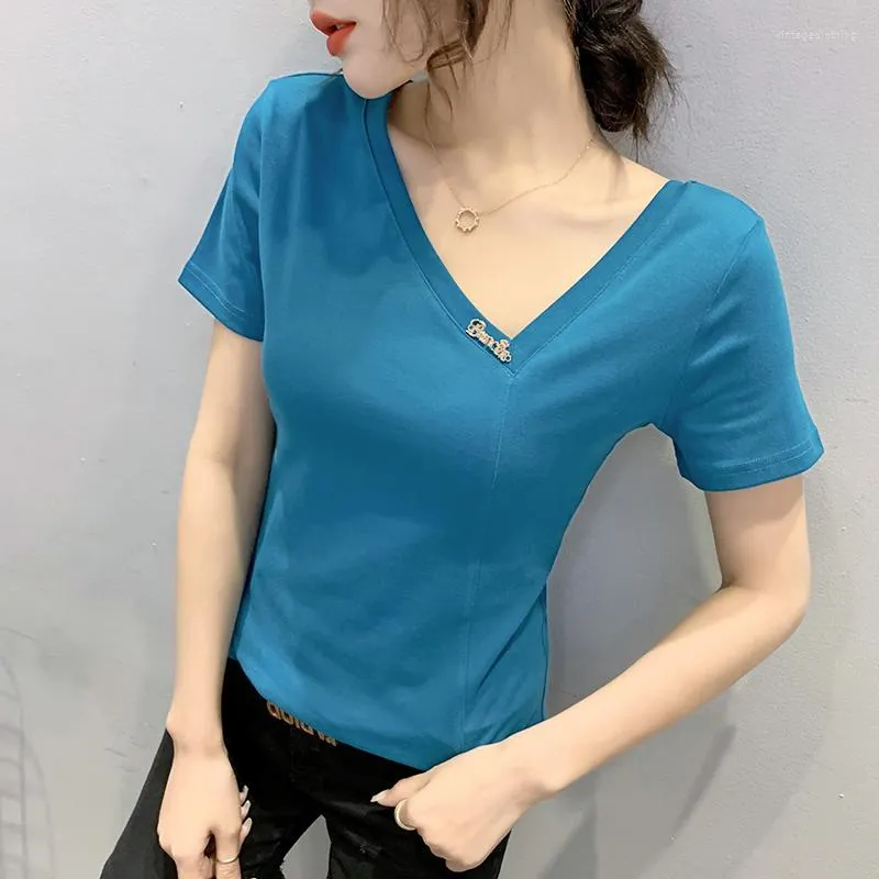 Women's T Shirts Selling V-neck Stitching Western Style Top All-match Thin Short-sleeved T-shirt