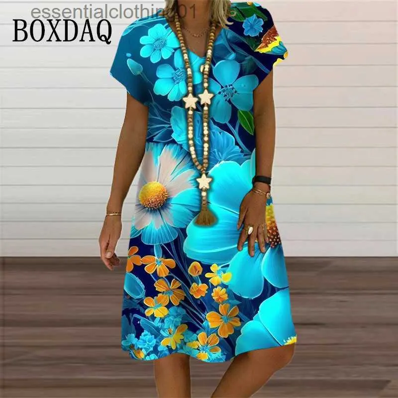 Basic Casual Dresses Blue Sunflower Plant Flower 3D Print Women Dress Casual V-Neck Short Sleeve A-Line Dress Summer 2023 Oversized Clothing Sundress L230918