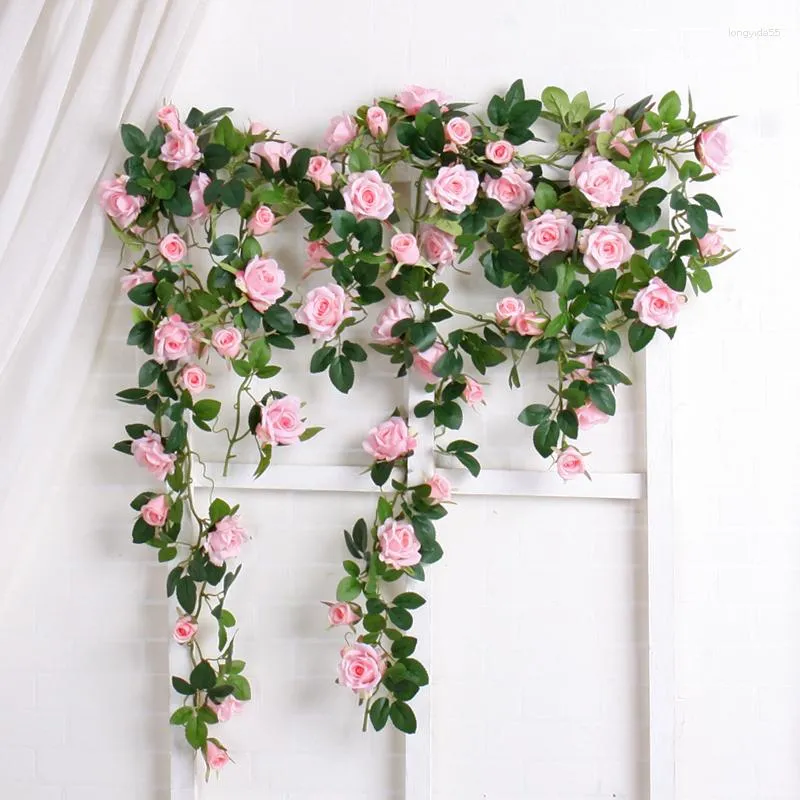 Flores decorativas Real Touch Artificial Rose Ivy Vine Silk Flower Tree Branches Garland String com folhas Home Wall Pendurado Decoração de Casamento