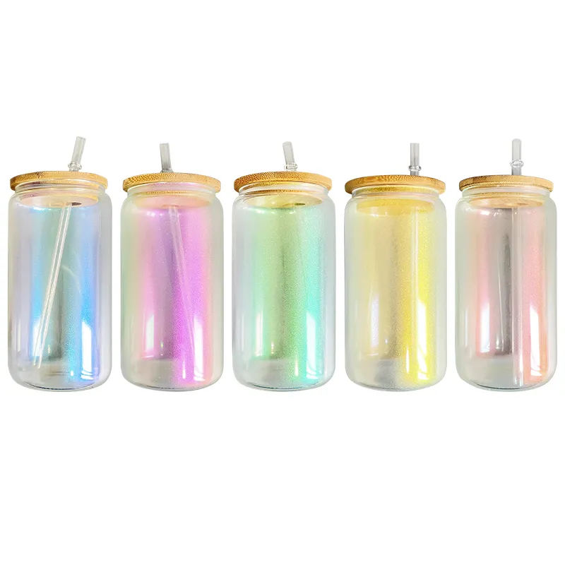 Hög Unbreaktable Gorgeous Borosilicate 20oz tomt sublimering iriserande Rainbow Glitter Fem färg blandade delikata dricksglasögon med bambu lock och halm 4.23