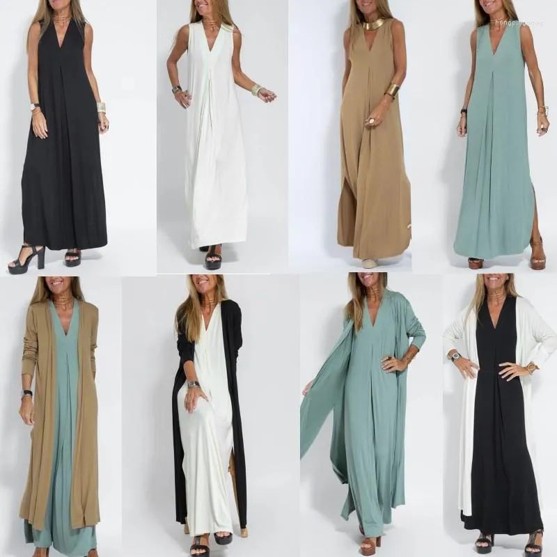 Casual Dresses Elegant Office Lady Long Dress Solid Sleeveless Party Matching Sleeve Cardigan Coat Women Loose Vestidos