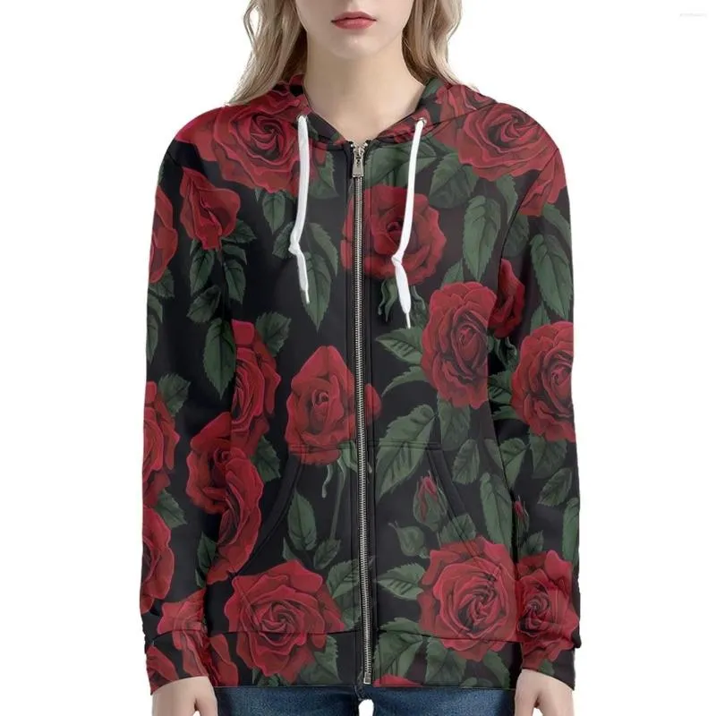 Women's Hoodies Fashion Women Pretty Floral Rose 3D Printed Pockets Coats Zip Up Hoodie Long Sleeve Streetwear Valentine's Day Gifts