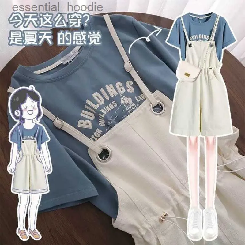 Kvinnors jumpsuits Rompers Fashion Suit Woman Student Korean Version Löst college stil kortärmad t-shirt + casual shorts overalls tvådelar dräkt l230918