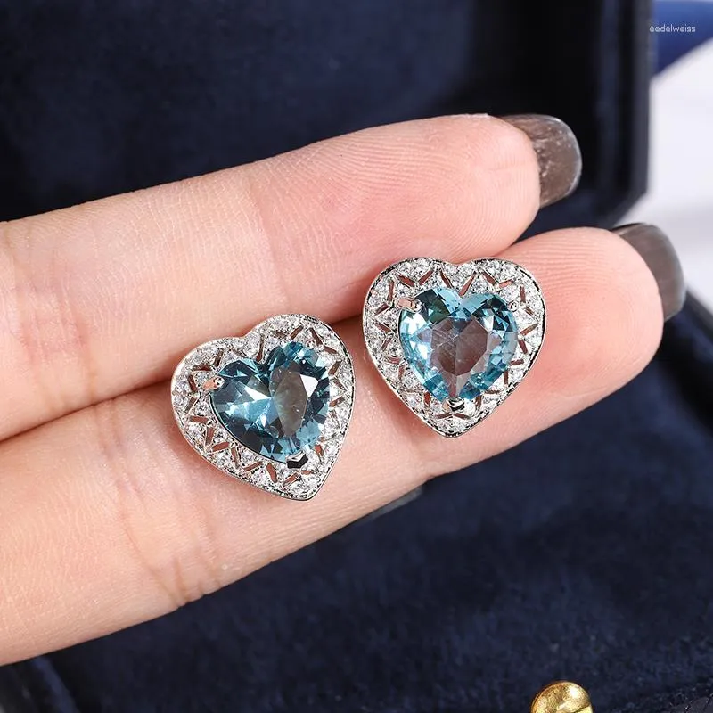 Studörhängen Stylish For Women Beautiful 925 Silver Heart Shape Women's Shiny Blue Zircon Korean