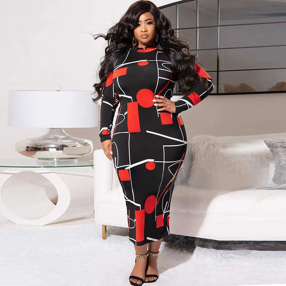 Sexy Long Sleeve Printed Black Plus Size Women Dresses African Bie Size Clothing Bodycon Midi Dress Ladies Vestido Longo Robe