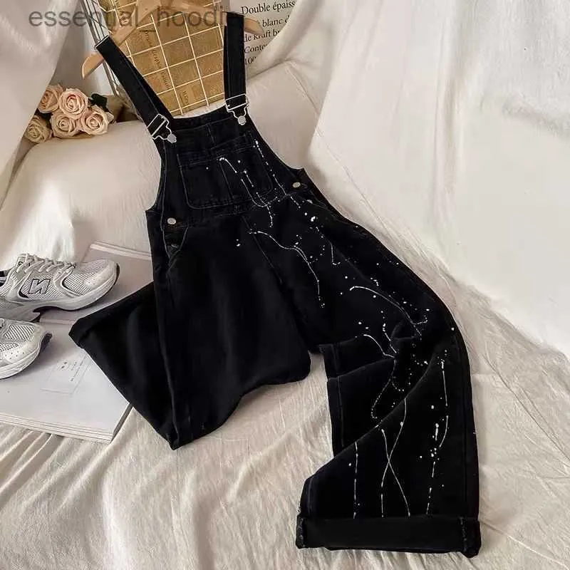 Kvinnors jumpsuits Rompers Black Denim Överaller Kvinnor 2021 Design Niche Autumn Women's Wide-Ben Straight-ben Pants 2021 10.04 L230918