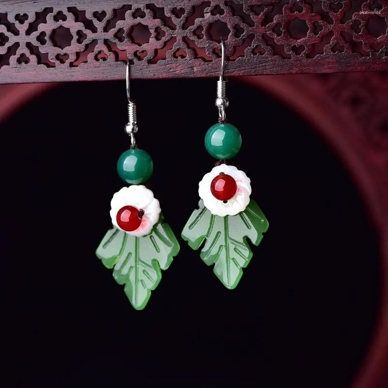 Dangle Earrings Green Jade Leaf Women Charms Gemstone Stone Vintage Chinese Carved Jewelry Charm Gemstones Real 925 Silver Natural