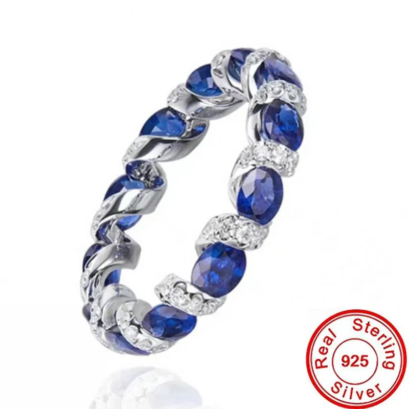 Eternity Sapphire Diamond Ring 925 Srebrny impreza Weddna Pierścienie dla kobiet Bridal Birthday Promise Prezent biżuterii