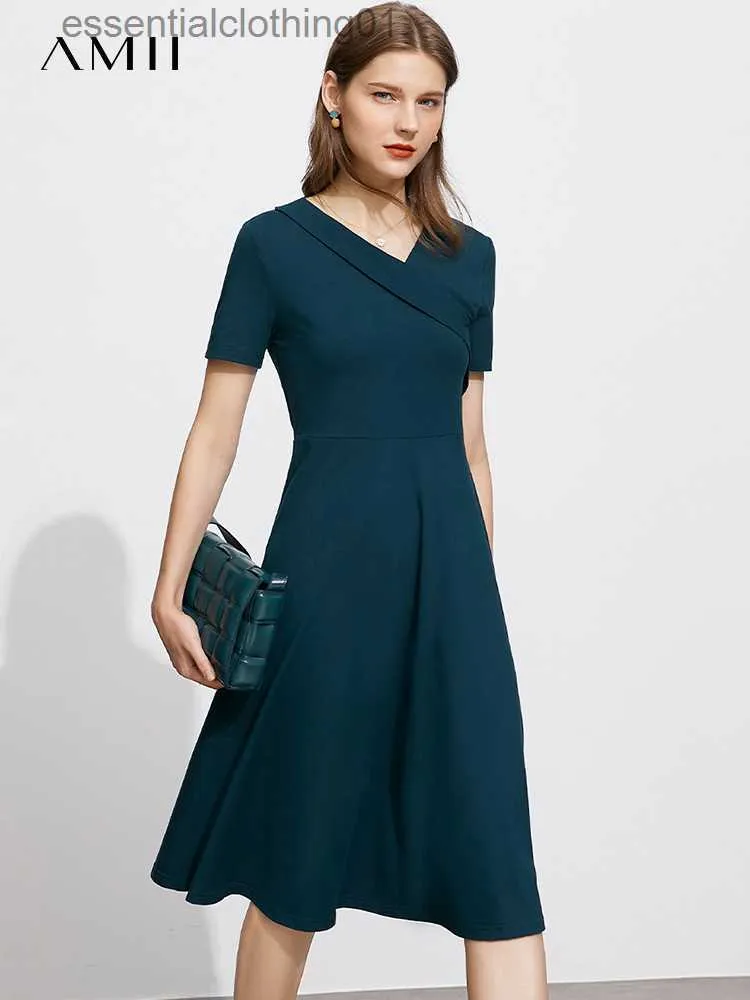 Basic Casual Dresses Amii Minimalism Summer New Fashion Dress For Women Offical Lady Solid Vneck Loose Aline Casual Women's Summer Dress 12260038 L230918