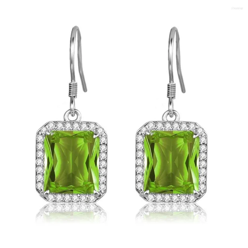 Dangle Oorbellen Groene Peridot Lange Drop Zilver 925 Olijf Vrouwen Oorbel Vierkante Edelsteen Met Diamant Boho Sieraden Bruiloftsfeest