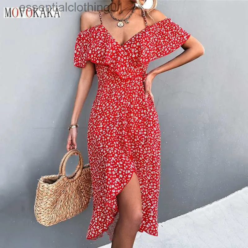 Abiti casual di base MOVOKAKA Donna Primavera Estate Abito sexy con spalline Donna Volant con spalle scoperte Abiti da festa casual Elegante abito da spiaggia con stampa floreale L230918