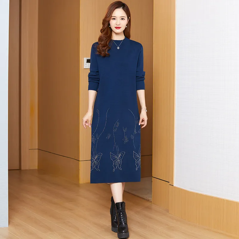 2024 Blue Cashmere Blend Sweater Dress Women Mid-Calf Long Sleeve Crew Neck  Winter from Dhgate Basic & Casual Dresses - price 44.22