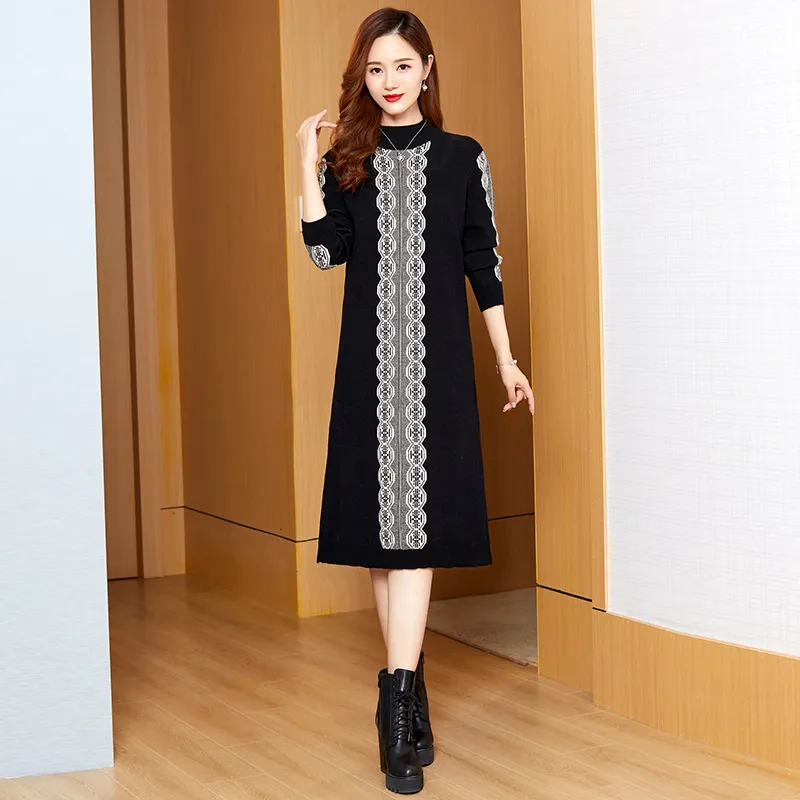 2023 Vintage Elegant Graphic Sweaters Dress Autumn Winter Long Sleeve Vacation Party Warm Knitted jumper Dresses 2023 Women Designer O-Neck Slim Black Midi Frocks