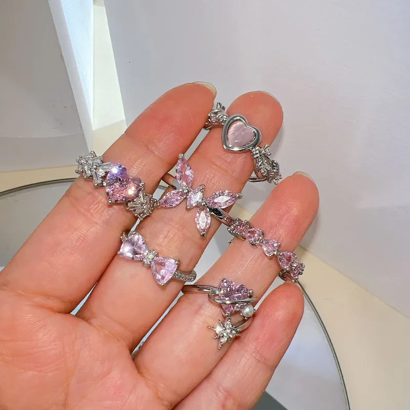 Anello solitario Cuore di cristallo rosa Anelli Bowknot per le donne Ragazze Y2k Kpop Dolce freddo Dito aperto Regali gioielli di moda per feste 2023 Nuovo 230918