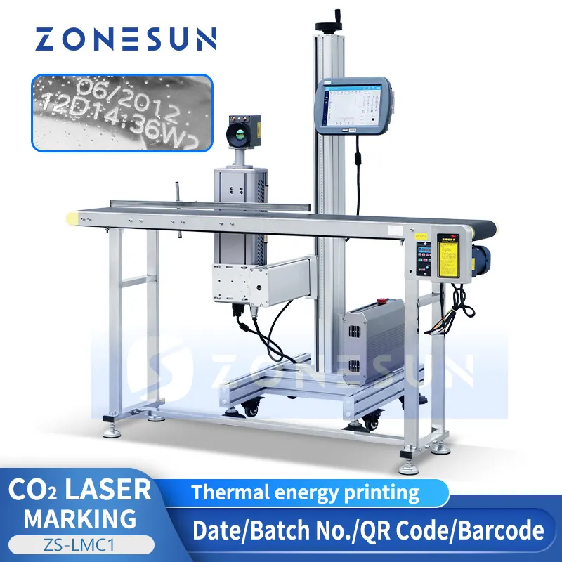 Zonesun ZS-LMC1 레이저 조각사 마킹 기계 날짜 QR 바코드 인쇄 유리 플라스틱 병 가죽 나무 생산 라인