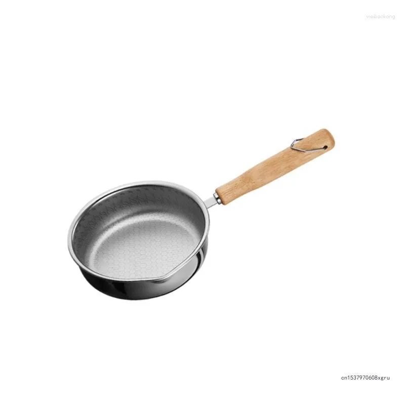 Pans Rust-resistant Stainless Steel Flat Bottom Pan With Wood Handle Frying For Stir-Frying Sauteing