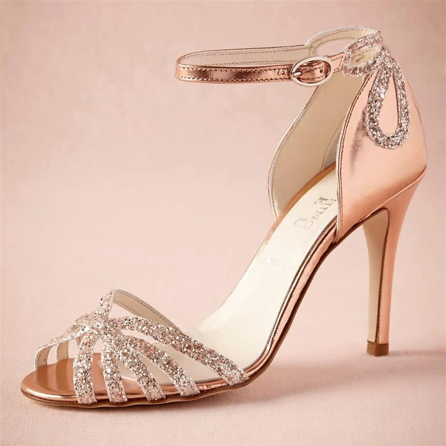 Rose Gold Glittered Heel Real Wedding Shoes Pumps Sandals Gold Leather Buckle Closure Glitter Party Dance High Wrapped Heels Women218b