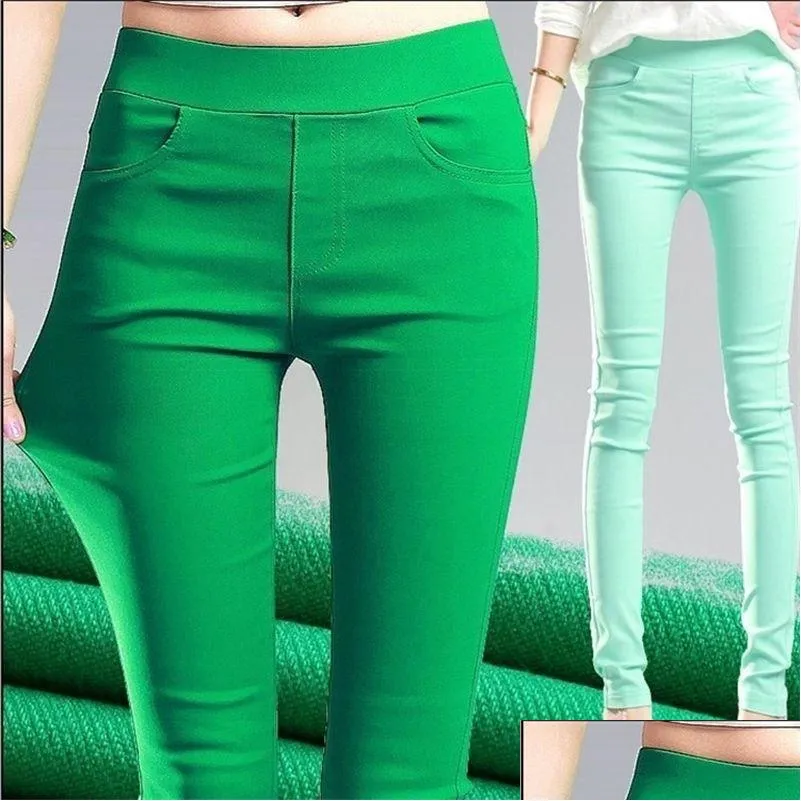 Womens Pants Capris Candy Color Stretch Leggings Women High Waist Skinny Leggins Mujer Femme Black Green Pink White Grey Purple Leggin Dhhgk