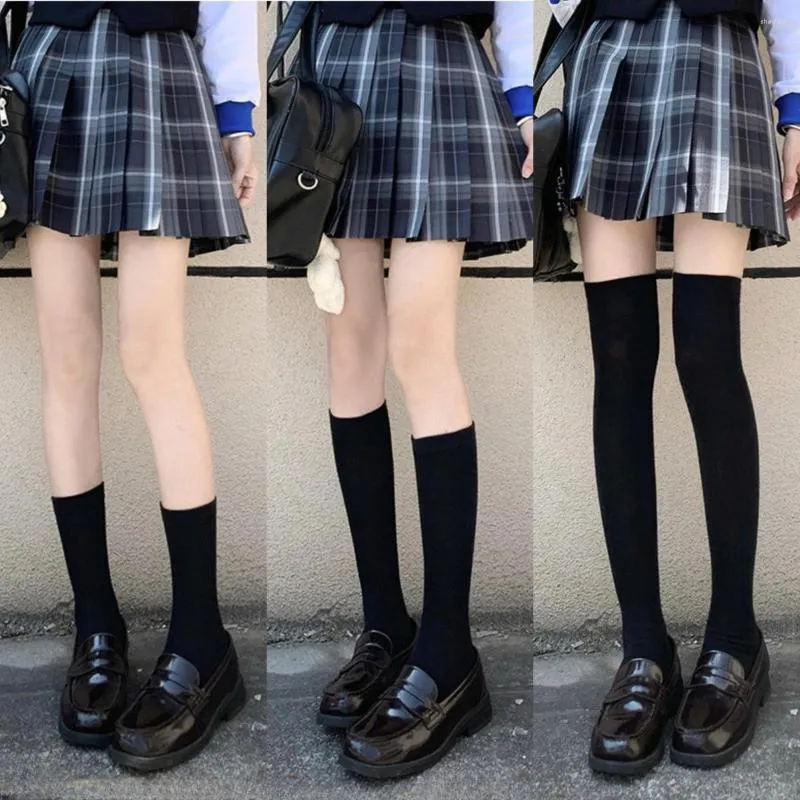 Meias femininas lolita doce meninas coxa meias altas jk estilo japonês longo cor sólida preto branco joelho sox