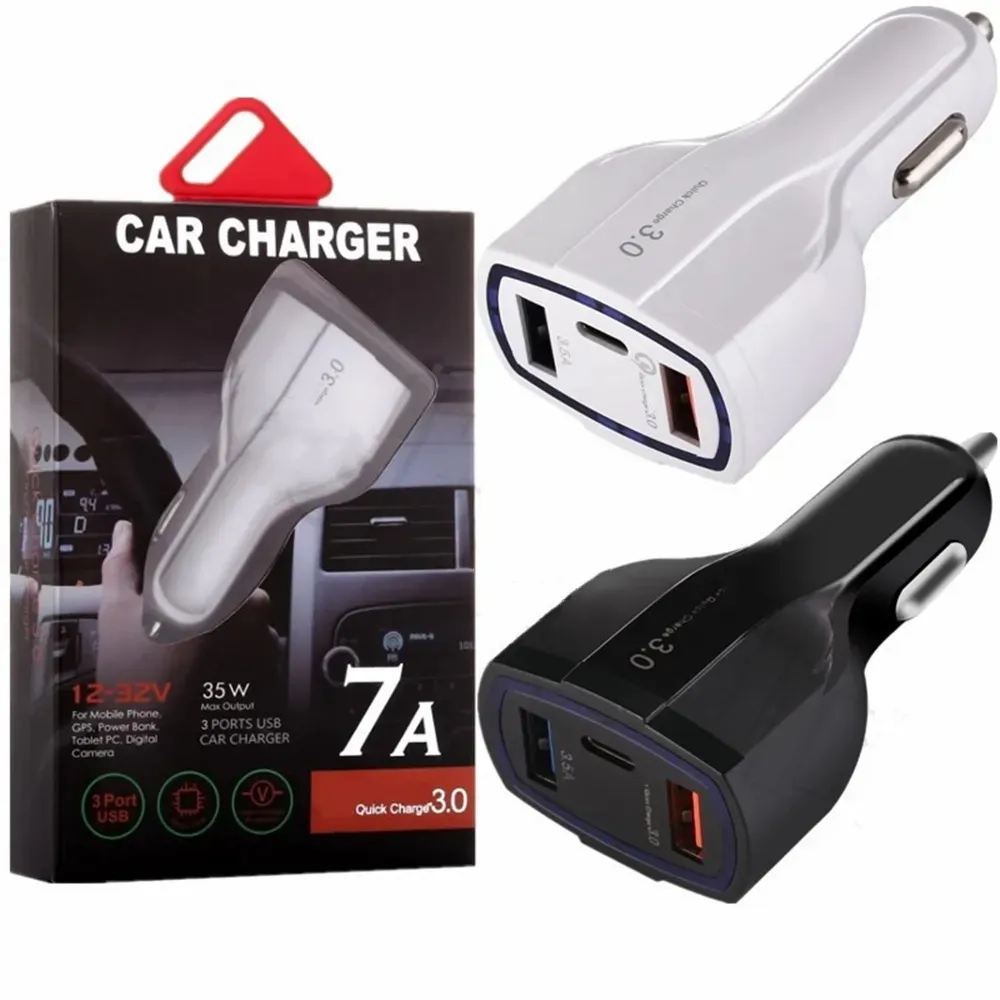 Caricabatteria da auto 7A 3 porte tipo C 35W QC3.0 ricarica rapida rapida PD caricabatterie USB C adattatore di alimentazione automatico per iPhone 12 13 14 15 Samsung S22 S23 con scatola