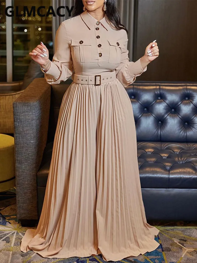 Women s Two Piece Pant Long Sleeve Buttone Up Pleated Jumpsuit Loose Belted Overalls 230918