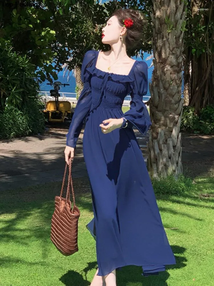 カジュアルドレス女性フランスのエレガントなフリルプリンセス長い夏の秋のボディーイブニングローブ女性服ベシドス