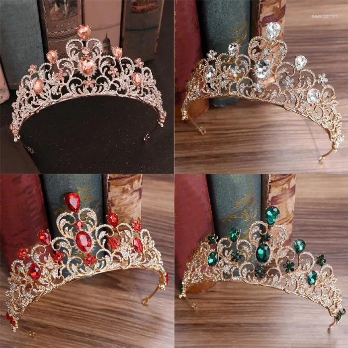 Hårklipp orange grön röd blå rhinestone brud tiara gyllene diadem för kvinnor bröllopsklänning smycken prinsessan krona tillbehör