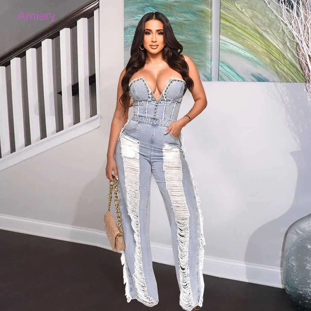 Nya kvinnors jumpsuits Rompers Summer Fashion Tassel Broken Hole Nail Drill Wash Denim Jumpsuit bodysuit för kvinnlig