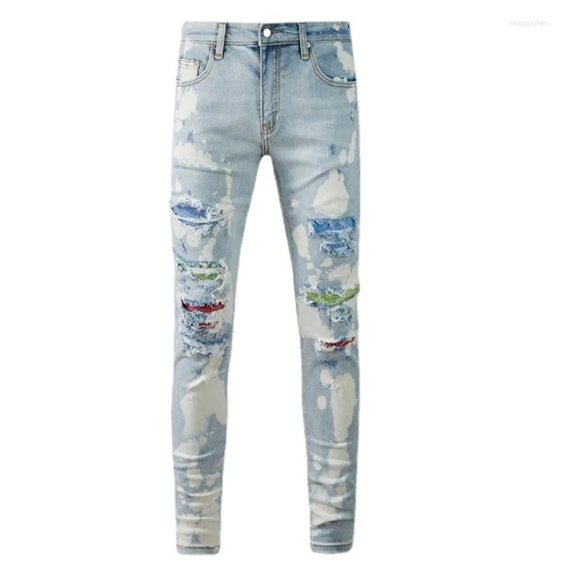 Men's Jeans High Street Tie Dyed Drilled Patch Men Ripped Hole Slim Fit Denim Pants Hip Hop Pencil Trousers