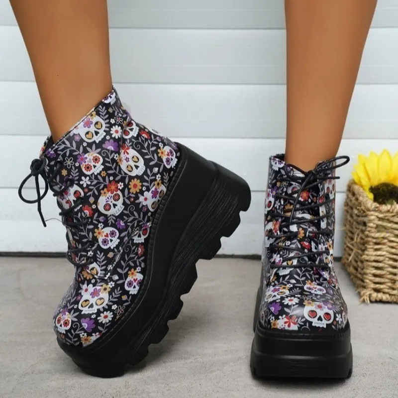 Boots Skull Platform Ankle Women Mix Color Patchwork Thick Bottom Motorcycle Woman Lace Up Wedge Heels Gothic Botas Shoes 230918