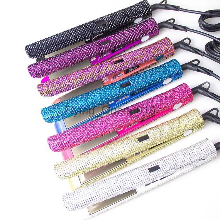 Hair Curlers Straighteners Crystal Rhinestone Hair Straightener Titanium Plate Flat Iron With LCD Digital Display Woman Hair Care Styling Tools HKD230918