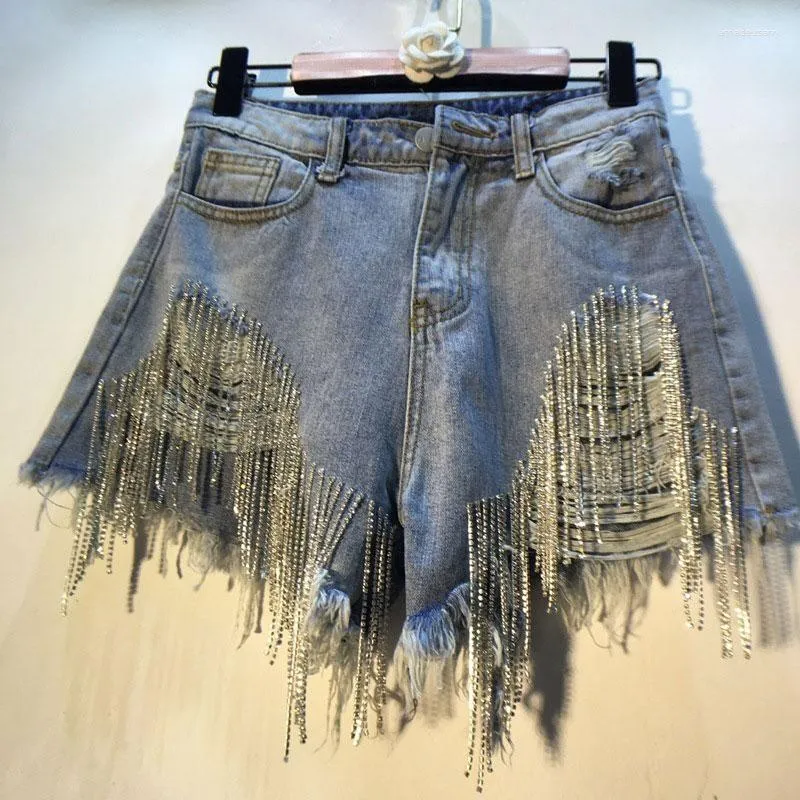 Women's Jeans Rhine-drill Fringe Chain Slim Mid-leg Jean Shorts European Station Summer Ripped High Waist