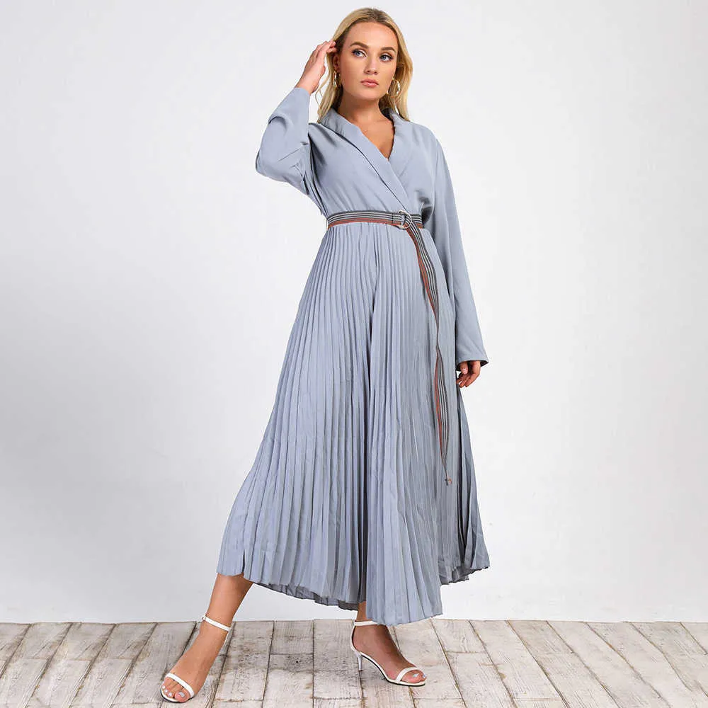 Fashion Blue Pleated Dress Autumn New Plus Size Women