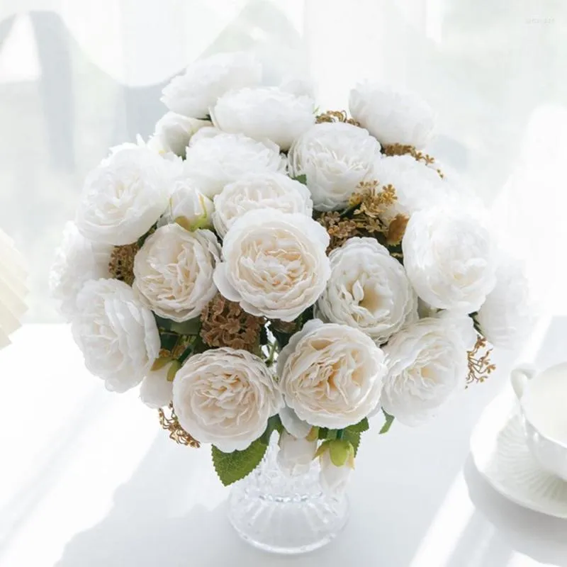 Fleurs décoratives 1 Pc 5 têtes Damask Rose artificielle pour la maison bureau bureau bonsaï fête de Noël couronne de mariage bouquet de mariée décoration