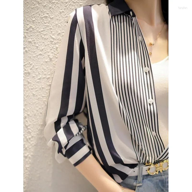 Women's Blouses Korean Style Chic Striped Print Office Lady Button Up Shirts 2023 Spring Casual Commute Long Sleeve Loose Tops For Women