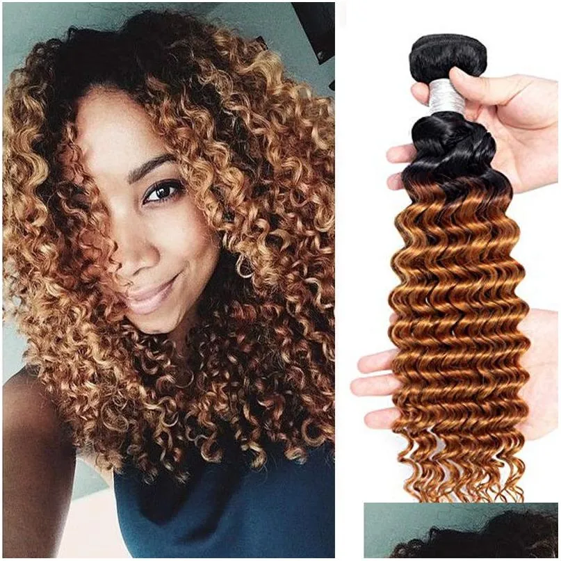 Trames de cheveux 9A Grade Brésilien Vierge 1B / 30 Vague bouclée profonde 3/4 Bundles 100% non transformés Humain Naturel Ombre Couleur Drop Livraison Produc Dh4Oy