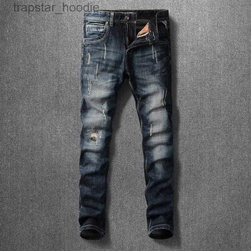 Men's Jeans Men's Jeans Italian Style Fashion Men Vintage Designer Slim Fit Ripped Denim Cotton Trousers Streetwear Retro Black Blue Hip Hop Pants L230918