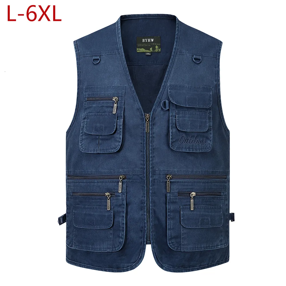 Men's Vests L-6XL Big Size Men Multi Pocket Cotton Vest Casual with Many 14 Pockets Sleeveless Jackets Male Outdoor Pograph Waistcoat 230918